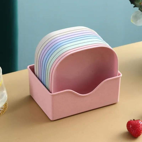 Pastel Square Wheat Straw Plates Set with Holder | Eco-Friendly Reusable Dishware Random Colours