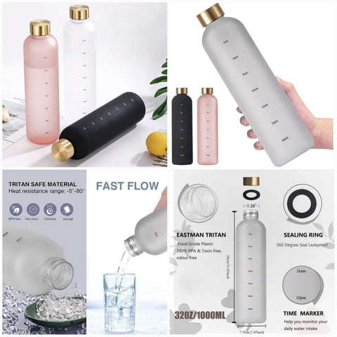 Tritan Time Marker Water Bottle 1000ml | Leakproof Frosted Bottle with Gold Lid – BPA-Free Hydration Tracker